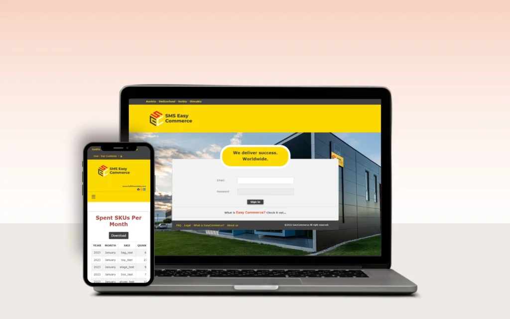 Easy Commerce fulfilment platform website mock-up on a laptop with peach gradient