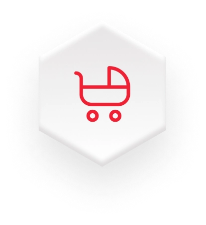 red stroller on white hexagon icon on a fulfillment website