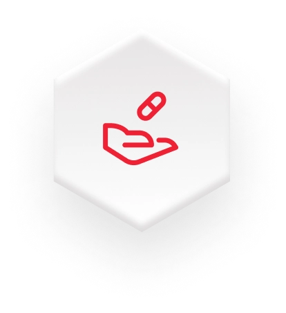 red hand taking vitamine pill icon on white hexagon for beuty and healthcare market on fulfillment website