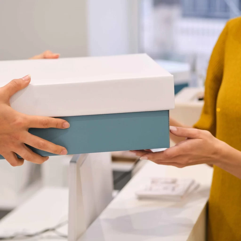 White and blue crowdfunding box delivery.