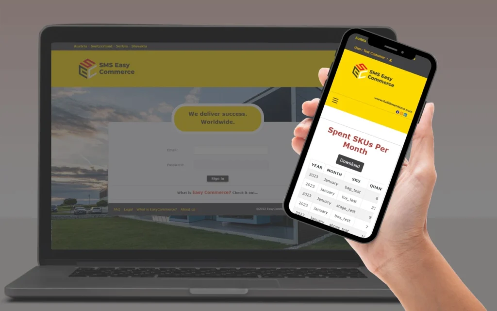 mock up of easy commerce fulfillment platfrom on laptop and phone in hand